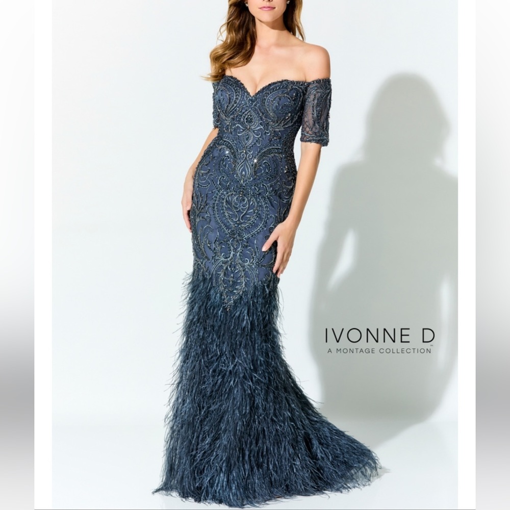 Ivonne D  style number 927  Slate Blue beaded and feathered gown.
